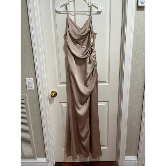 Birdy Grey Lydia Dress Matte Satin Neutral Champagne Medium Long Bridesmaid Cowl - Picture 3 of 13